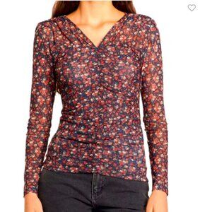Sandro Bethanie Stretch Ruched Floral Sheer Long Sleeve Top